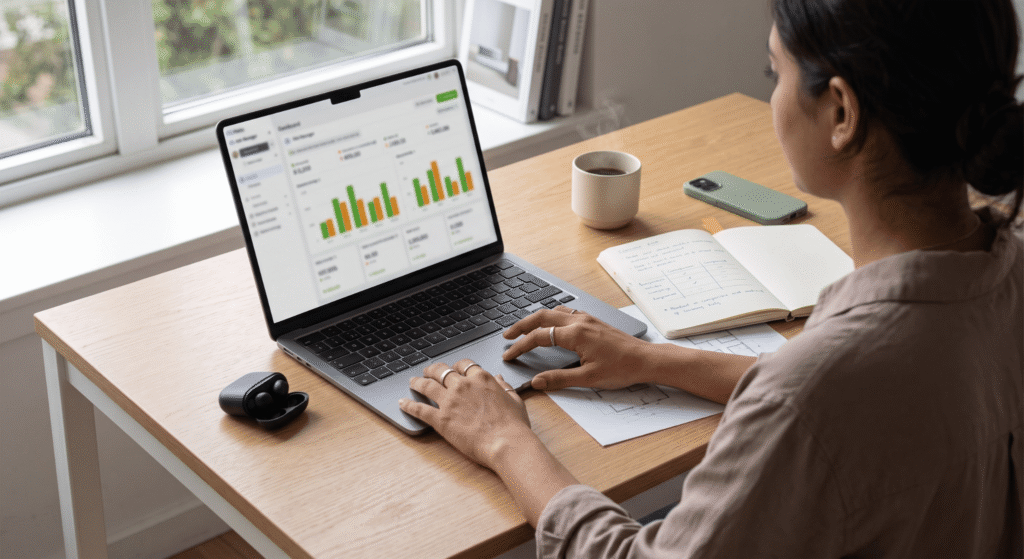 Home interior business owner reviewing Meta Ads performance on a laptop
