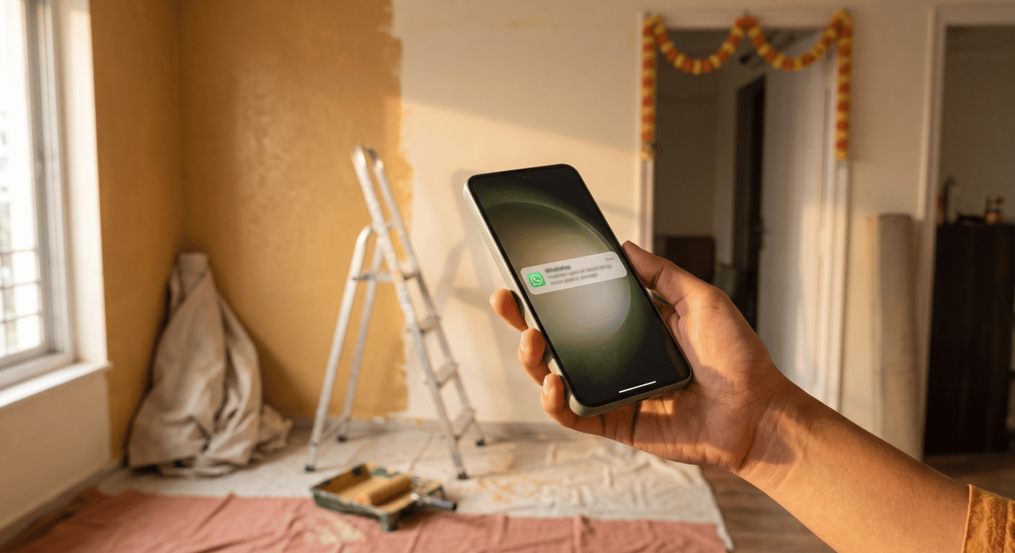 Hand holding phone with WhatsApp notification in a home mid-renovation before festive season