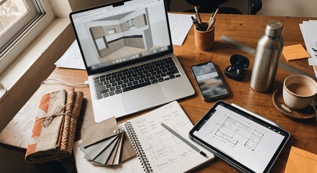 Interior designer's desk with laptop showing modular kitchen 3D render, phone, and fabric swatches