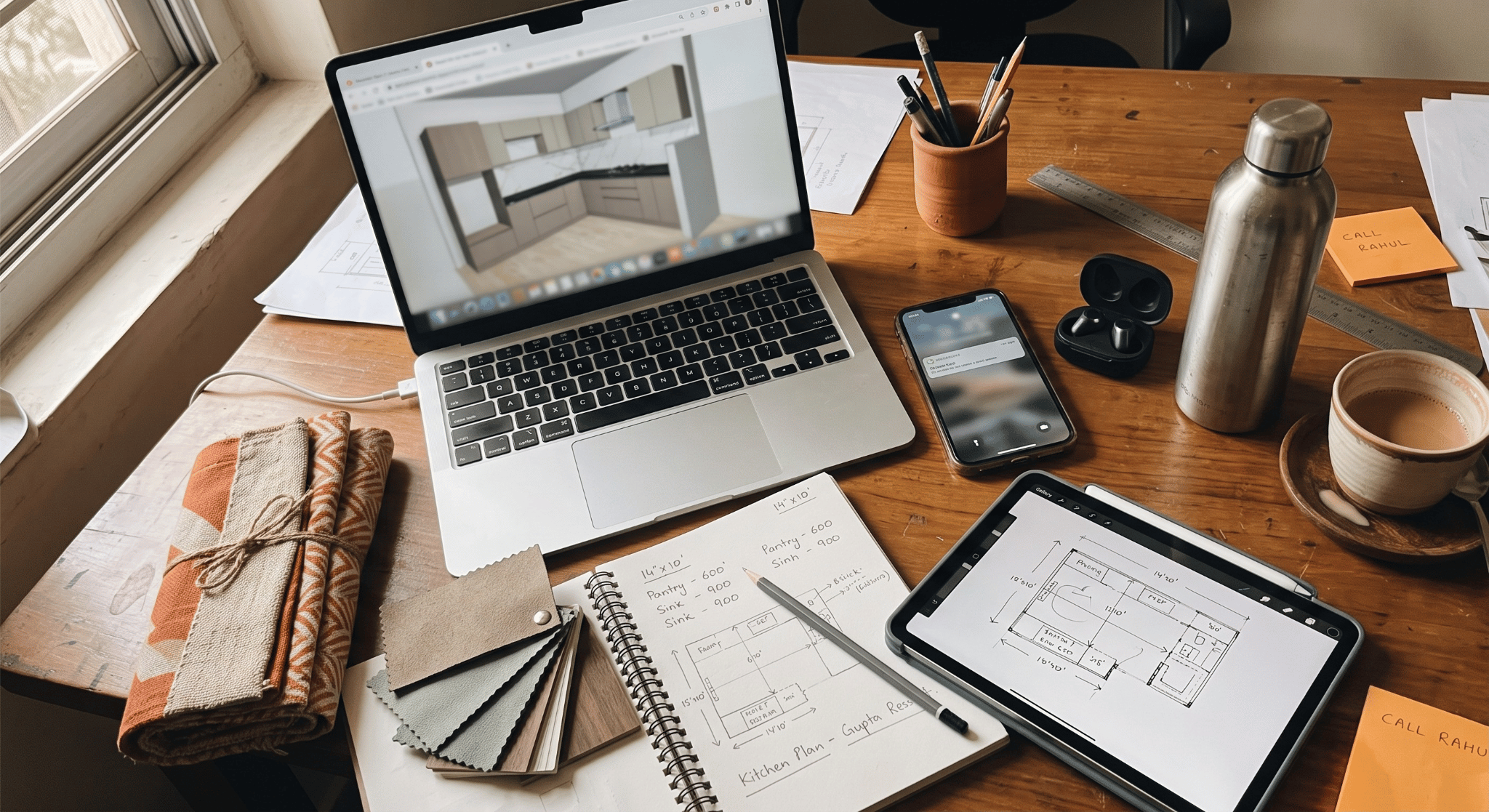 Interior designer's desk with laptop showing modular kitchen 3D render, phone, and fabric swatches