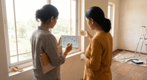 Interior designer and homeowner discussing floor plan layout in a sunlit room mid-renovation