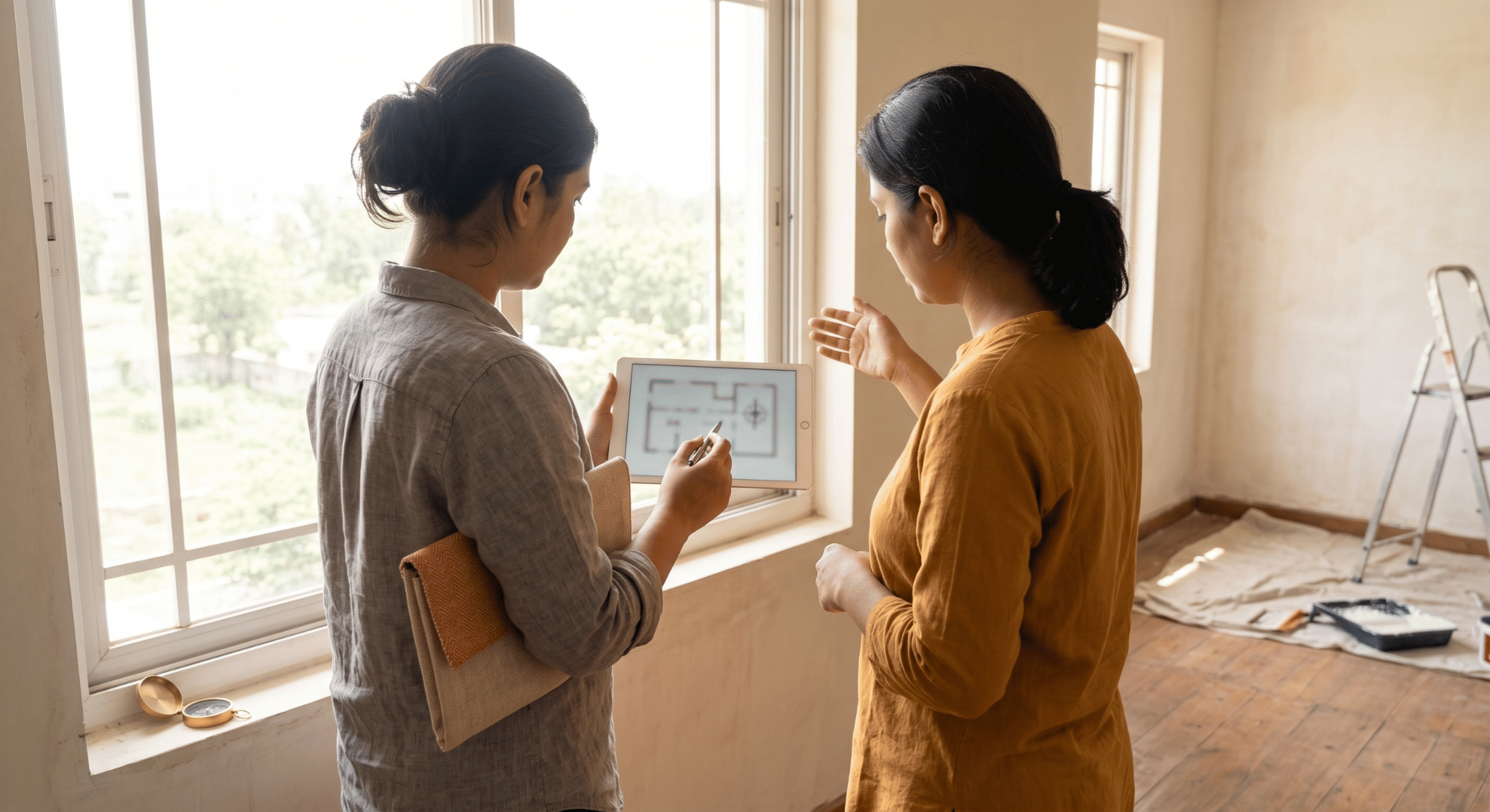 Interior designer and homeowner discussing floor plan layout in a sunlit room mid-renovation