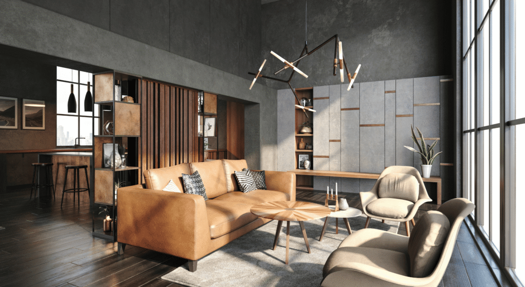 Modern minimalist living room in a small Indian apartment with warm neutral tones and multi-functional furniture